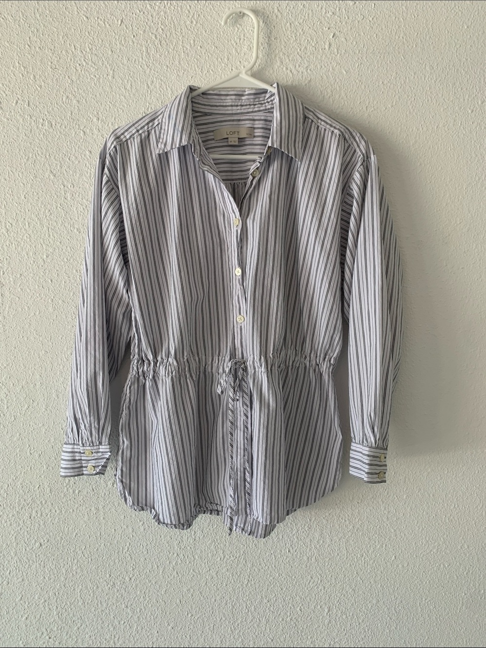 LOFT Striped Button-Down Tunic Shirt in White and Black with Cinched Waist